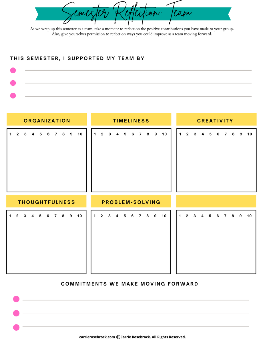 Many, many, many teams are looking for ways to wrap the semester---why not use this time to ask your teams to pause and reflect? Stopping for team reflection is key to growing ourselves (and our groups). 

Link to receive your PDF copy: carrierosebrock.com/courses