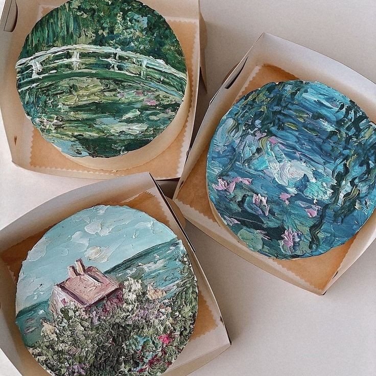 softdeIicacy's tweet image. vincent van gogh and claude monet inspired cakes;
