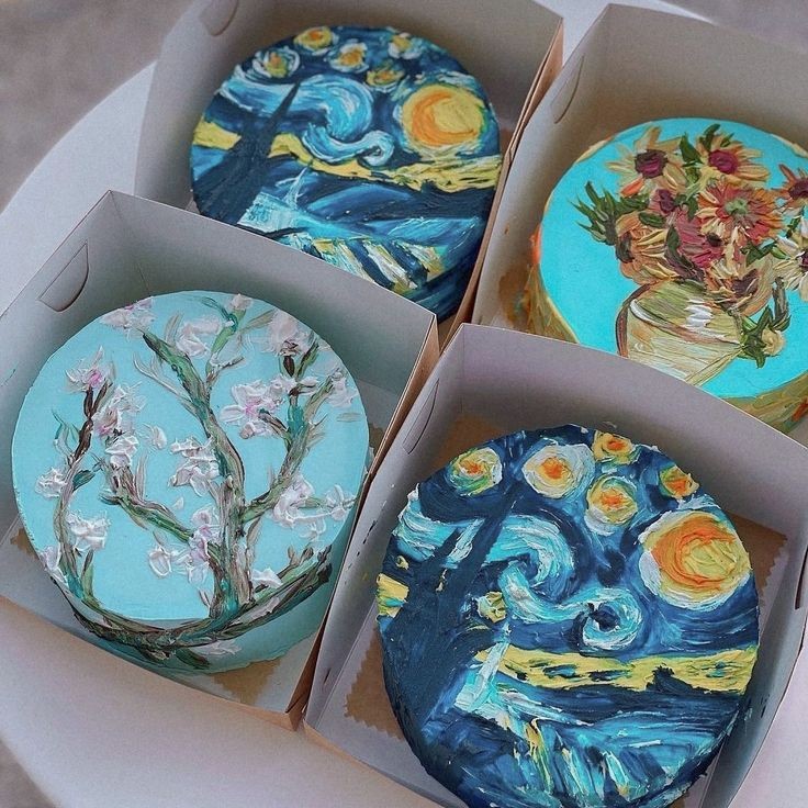 softdeIicacy's tweet image. vincent van gogh and claude monet inspired cakes;