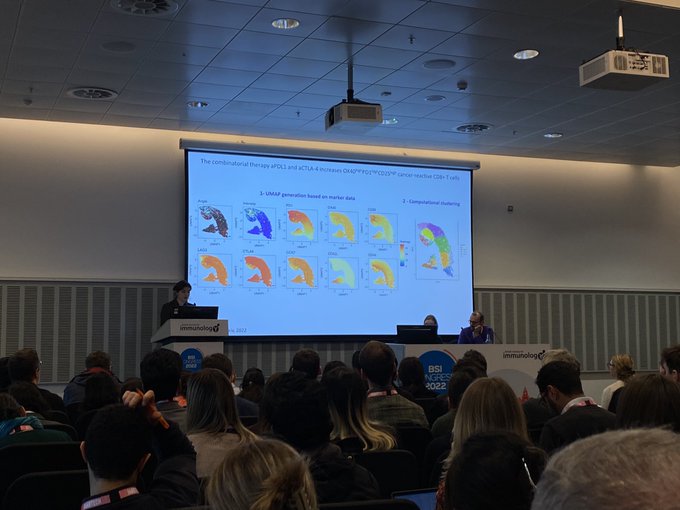 Excellent talk by <a href="/JehanneHassan/">Jehanne Hassan</a>, a final year PhD student in my lab, showing the power of #Tocky to analyse cancer-reactive T cells and rationally design a new cancer immunotherapy! Congratulations!
(regrettably I could not come to #bsi22; photos kindly shared by <a href="/LachinaNika/">Veronika Lachina</a>)