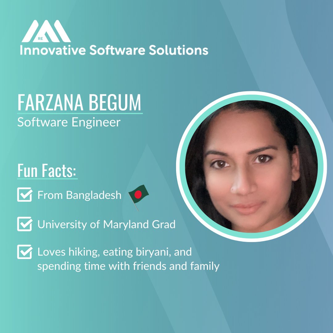 Shoutout to Farzana Begum, our amazing quality assurance engineer, celebrating 1 year at ISS this month! 

Happy work anniversary Farzana; thank you for all your hard work over the past year. The #ISSfamily is lucky to have you! 😊 

Follow us to #meettheteam: <a href="/RE_ISS_Dev/">Innovative Software Solutions</a>