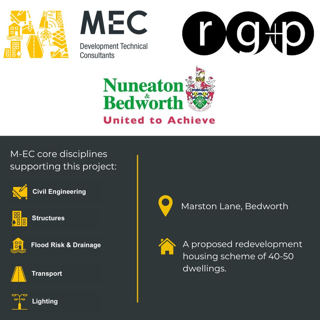 M_ECEngineers's tweet photo. We are pleased to announce that alongside our clients, @rgp_Ltd, we have won the bid to undertake the Marston Lane Project for Nuneaton & Bedworth Borough Council as lead #technicalengineers.
A range of our services will support this project, forming a multi-disciplinary approach https://t.co/tTcccqGPoN