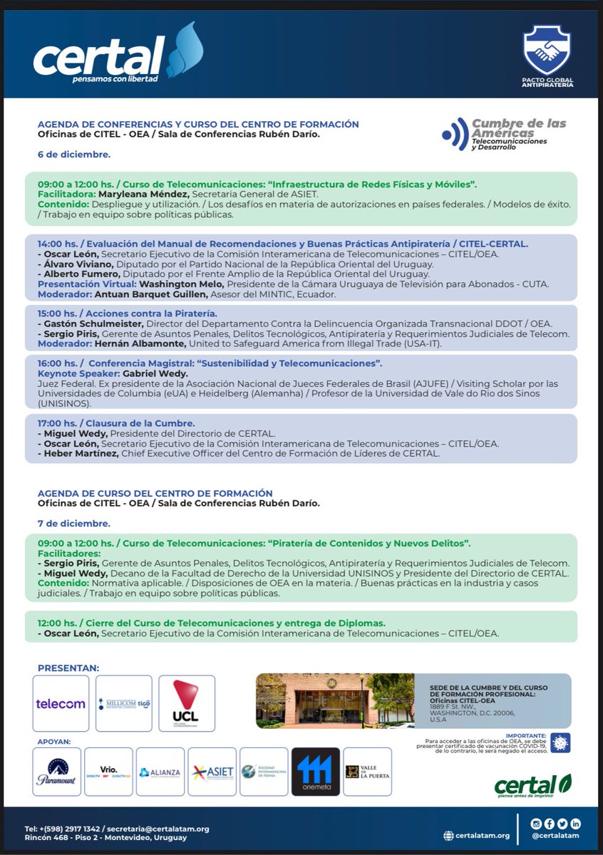 RedInterTvCol's tweet photo. Agenda del segundo día de la Cumbre Latinoamericana de Telecomunicaciones desde las oficinas de la OEA

#Certal #RITVCOL https://t.co/igDtVORwUd