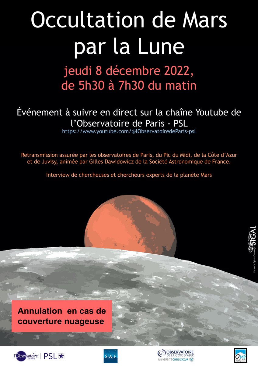 ObsMip's tweet photo. Retransmission en direct de l’occultation de #Mars par la #Lune le 8 décembre 2022 de 5H30 à 7H30.
Images depuis Meudon, Juvisy-sur-Orge, Nice, Pic du Midi de Bigorre et Arras, pour plus de chances d’observation avec une météo prévue défavorable.
➡️ https://t.co/MgpPK3lzHq https://t.co/yMx4YjuIQP