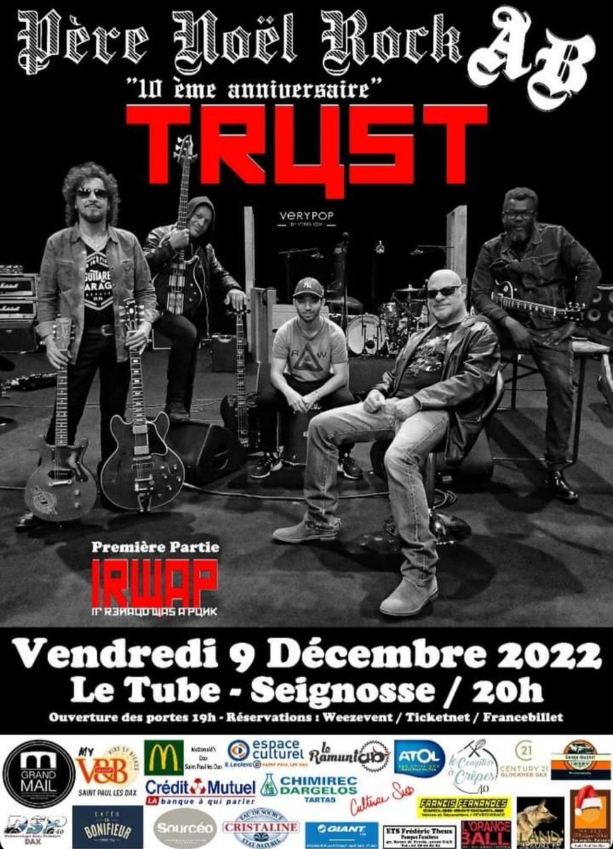 🤜 made_in_breizh56 🤛 (@bzh5640) on Twitter photo Soirée Rock caritative au profit de l'enfance défavorisée le vendredi 9/12 à Seignosse avec TRUST et IF RENAUD WAS A PUNK. Réservation dans les points de vente habituels ou bien sur place. Faire don d'un ou plusieurs jouets pour le Secours Populaire. Ouverture 19H
RT apprécié ❤ Soirée Rock caritative au profit de l'enfance défavorisée le vendredi 9/12 à Seignosse avec TRUST et IF RENAUD WAS A PUNK. Réservation dans les points de vente habituels ou bien sur place. Faire don d'un ou plusieurs jouets pour le Secours Populaire. Ouverture 19H
RT apprécié ❤