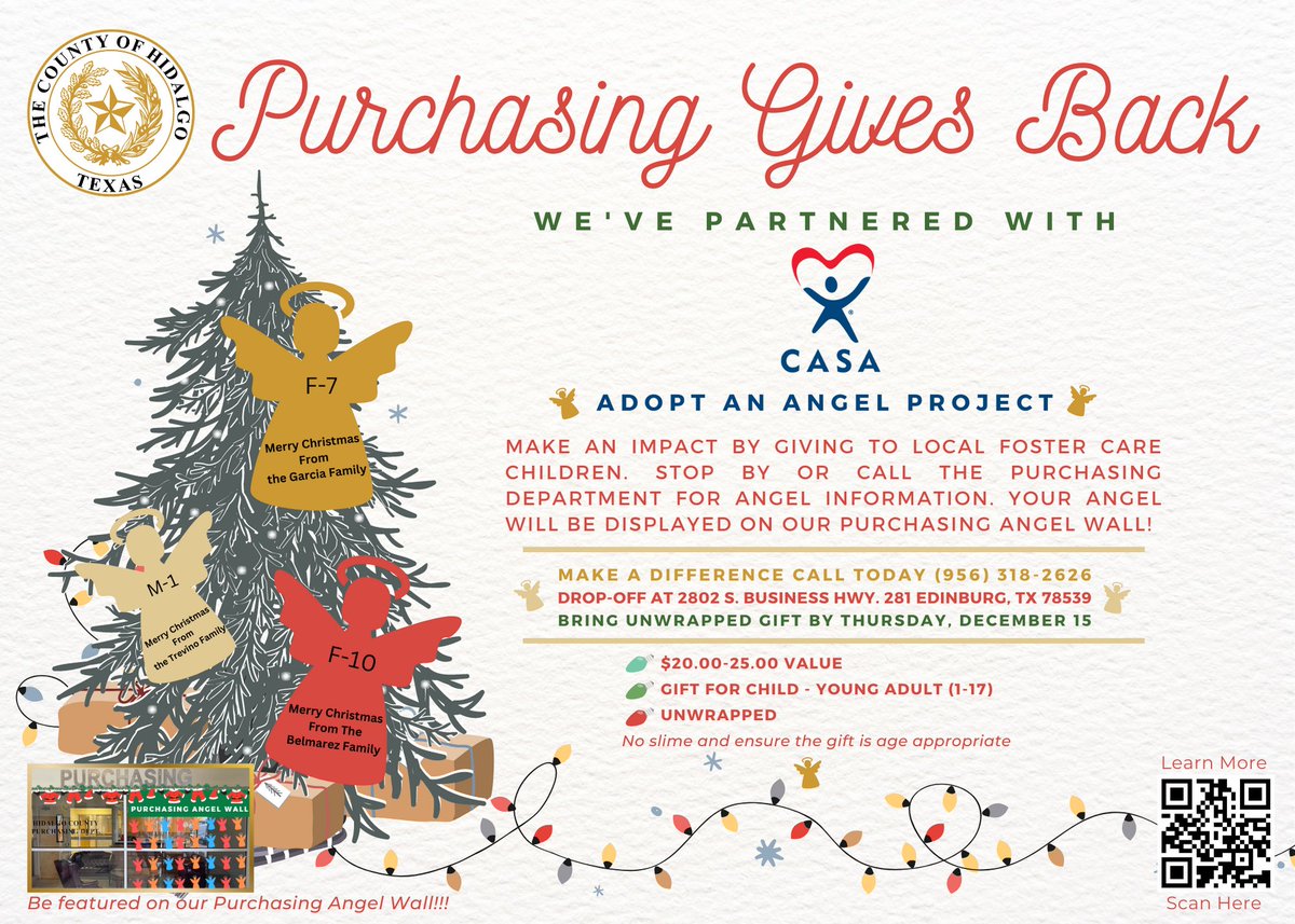 HidalgoCountyTX's tweet photo. Tis the Season to Give Back! Hidalgo County Purchasing Department has partnered with CASA's Adopt and Angel Project!

🚗 Drop-off an unwrapped gift by Thur., Dec. 15
 📍2802 S. Business Hwy. 281 in Edinburg
👧 Gift for children 1-17 years old
🎁  $20-$25 value https://t.co/KVJMj1oB3a