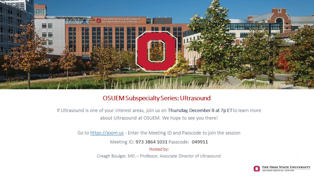 Ohio State Emergency Medicine Residency (@ohiostateemres) on Twitter photo Interested in EM Ultrasound? Join #OSUEM Dr. Creagh Boulger <a href="/CreaghB/">Creagh Boulger ❤💚💜💙💛</a> Dec 8 at 6p to learn about our subspecialty at #OSUWexMed #US Interested in EM Ultrasound? Join #OSUEM Dr. Creagh Boulger <a href="/CreaghB/">Creagh Boulger ❤💚💜💙💛</a> Dec 8 at 6p to learn about our subspecialty at #OSUWexMed #US