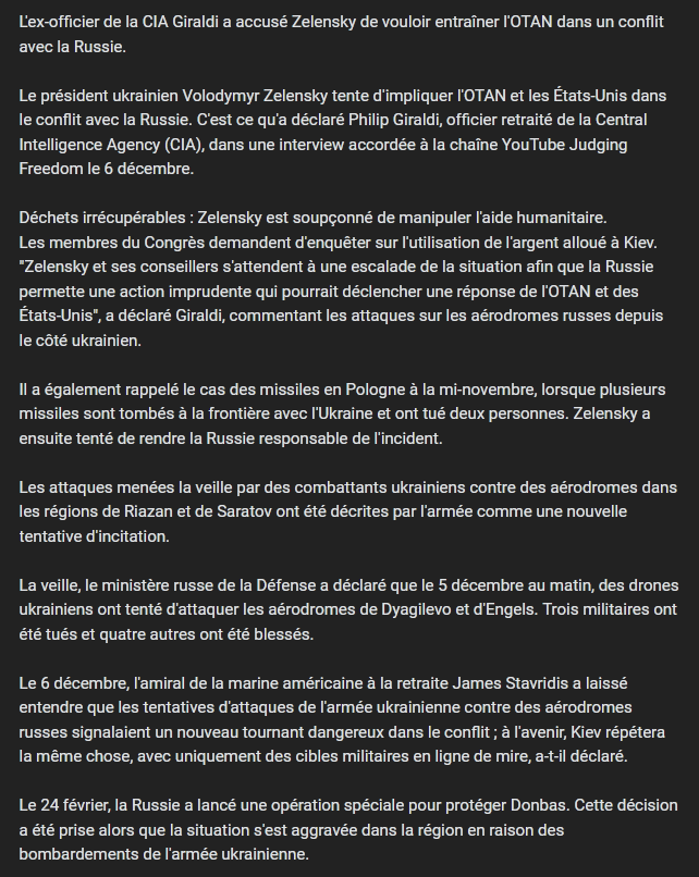 Vladivoscope's tweet photo. L'ex-officier de la #CIA #Giraldi a accusé #Zelensky de vouloir entraîner l'#OTAN dans un #conflit avec la #Russie.
https://t.co/rdmDer0IdA https://t.co/tUYQqJWBvX