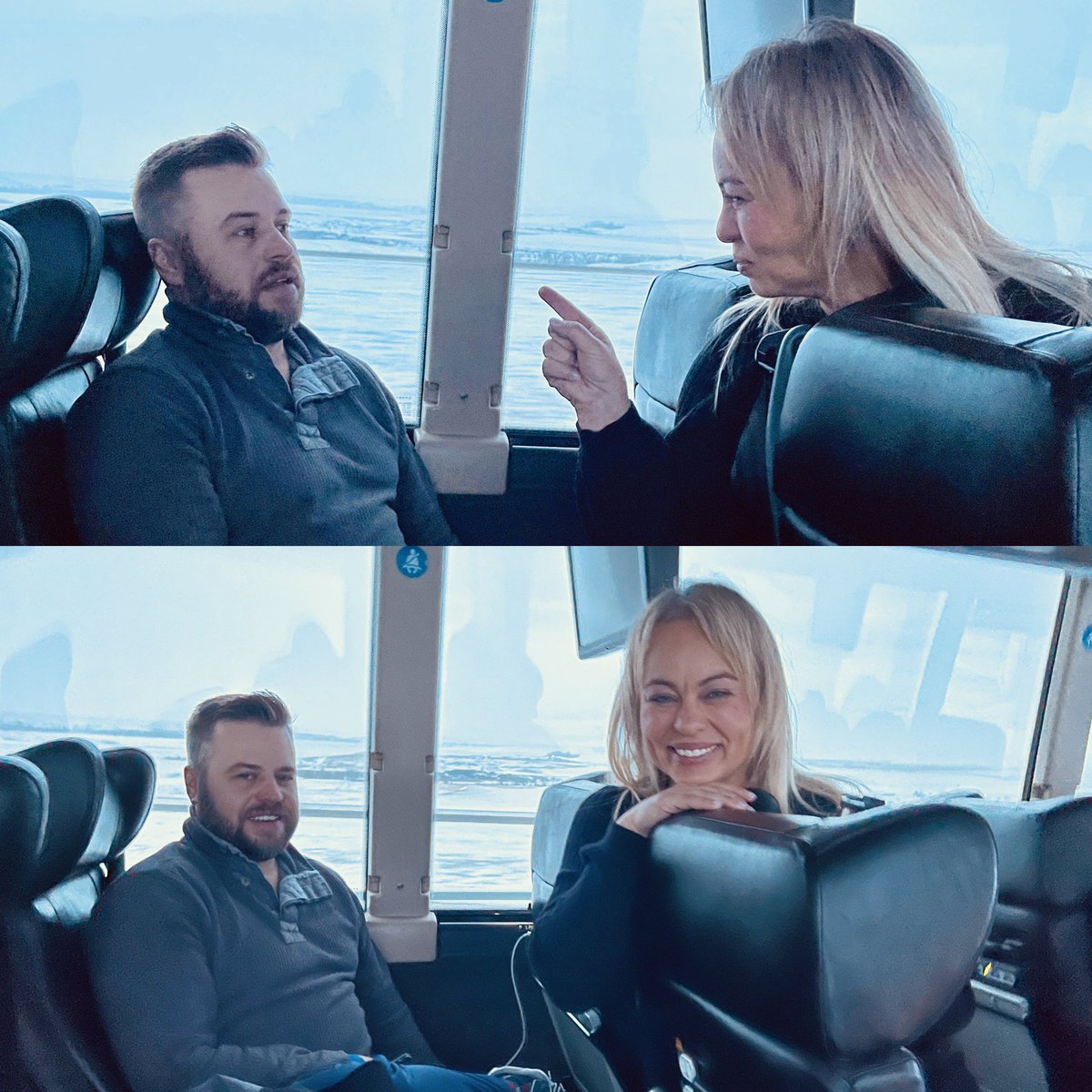 tl_lennox's tweet photo. On the bus - Cyndi telling Richard what’s what - which pic is first!? Lol #teamleth #yql @richwestlund https://t.co/5alWmCW8An