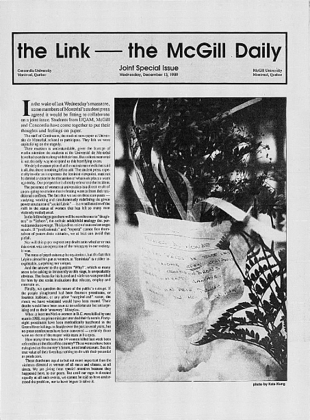 McGillLib's tweet photo. We remember. Édition bilingue collaborative @mcgilldaily &amp; @Linknewspaper publiée le 13 décembre 1989 à l’honneur des victimes de l’École Polytechnique: https://t.co/VfjUxRhNz7. 
#6décembre1989 #polymtl #polyjemesouviens https://t.co/ga4tNqKVqN