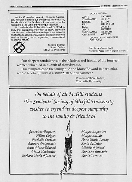 McGillLib's tweet photo. We remember. Édition bilingue collaborative @mcgilldaily &amp; @Linknewspaper publiée le 13 décembre 1989 à l’honneur des victimes de l’École Polytechnique: https://t.co/VfjUxRhNz7. 
#6décembre1989 #polymtl #polyjemesouviens https://t.co/ga4tNqKVqN