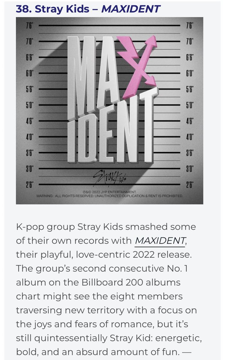 Consequence has listed ‘MAXIDENT’ by @Stray_Kids as the 38th best album of 2022. They are the ONLY K-pop act on the list!