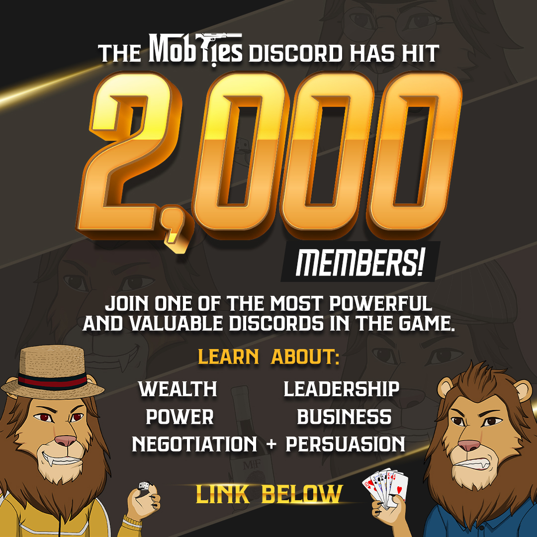 The family grows stronger everyday.  Congrats to 2k! 

This is the ONLY private community that grants you access to the Persuasion, Money-Making and Leadership Secrets of former Mob Boss <a href="/MobTiesNFT/">Mob Ties by Michael Franzese</a> 🤌 

Public Sale 12/12 (If we don't sell out during pre-sale)