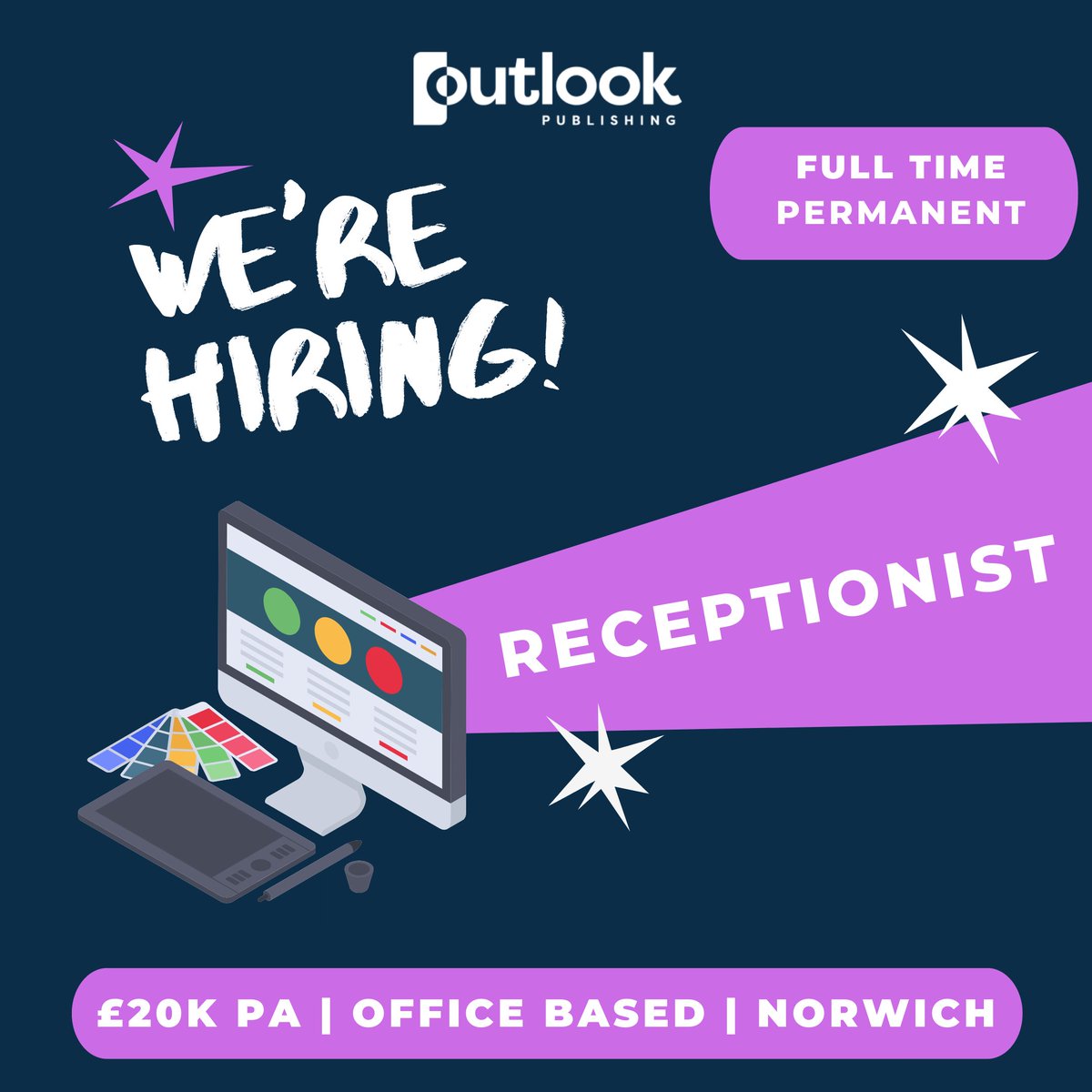 OutlookPublish's tweet photo. We're Hiring! A Receptionist: Full details &amp; Apply at https://t.co/650MPykiDD

£20,000 pa | #fulltime | #permanent | #officebased | #norwich

Working Hours: Monday – Friday 08.30am-5pm https://t.co/jO5AnPTaaX