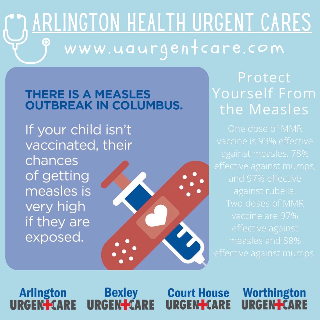 With the recent measles outbreak right here in Columbus, what is the best way to protect yourself &amp; your family?

Two doses of MMR vaccine are 97% effective against measles and 88% effective against mumps.

#ColumbusOH #columbusohio #Columbus #measles #vaccines