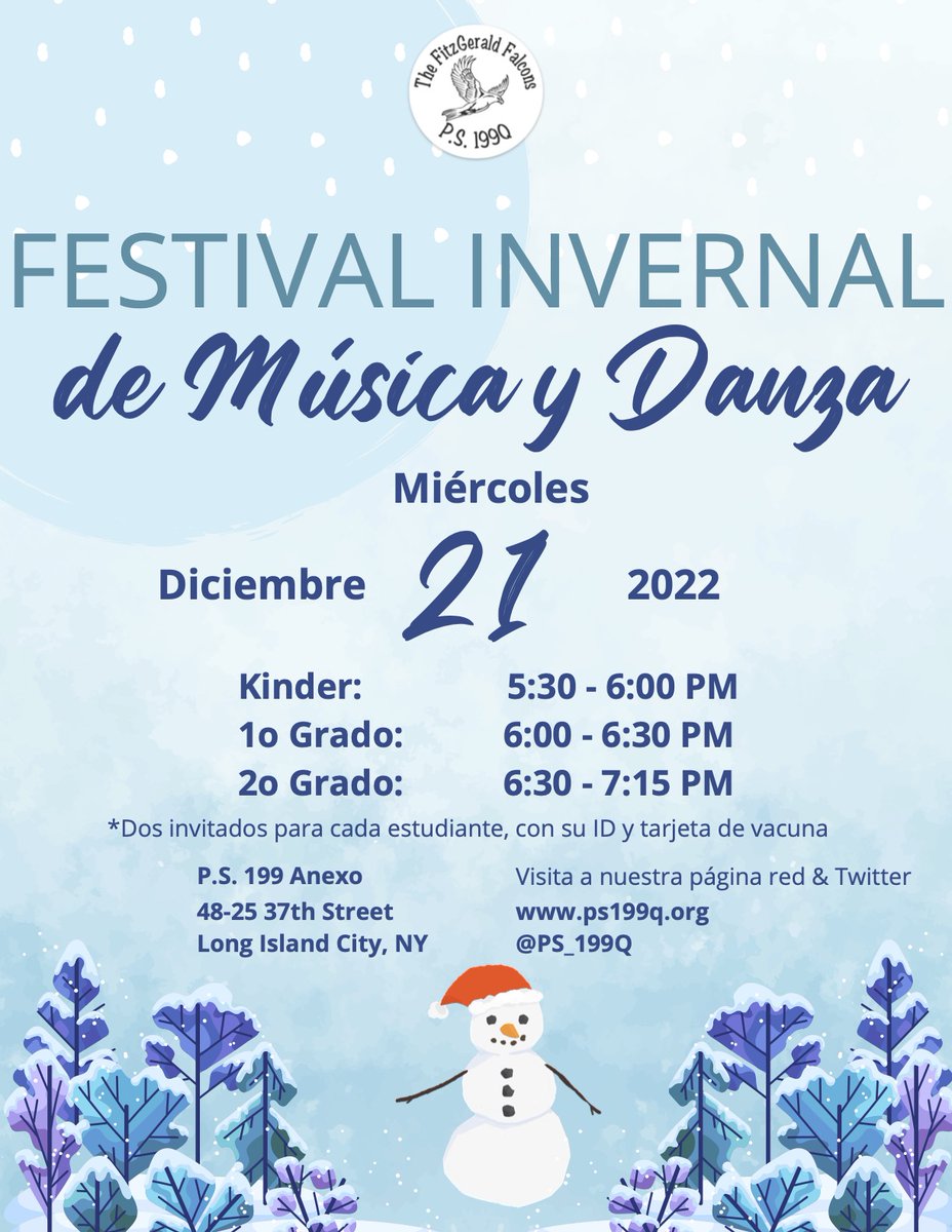 Maurice A. FitzGerald P.S. 199Q (@ps_199q) on Twitter photo 🎵 Come see our K-2 classes at our Winter Music & Dance Festival at the Annex on Dec. 21st!
🕺🏽Les invitamos a nuestro Festival Invernal de Música y Danza el 21 de diciembre en el anexo!
Kindergarten: 5:30-6:00
Grade 1: 6:00-6:30
Grade 2: 6:30-7:15
<a href="/NYC_District24/">Anthony Rivera-School District 24</a> <a href="/ArtsQueensNYC/">Queens NYCDOE Arts</a> 🎵 Come see our K-2 classes at our Winter Music & Dance Festival at the Annex on Dec. 21st!
🕺🏽Les invitamos a nuestro Festival Invernal de Música y Danza el 21 de diciembre en el anexo!
Kindergarten: 5:30-6:00
Grade 1: 6:00-6:30
Grade 2: 6:30-7:15
<a href="/NYC_District24/">Anthony Rivera-School District 24</a> <a href="/ArtsQueensNYC/">Queens NYCDOE Arts</a>