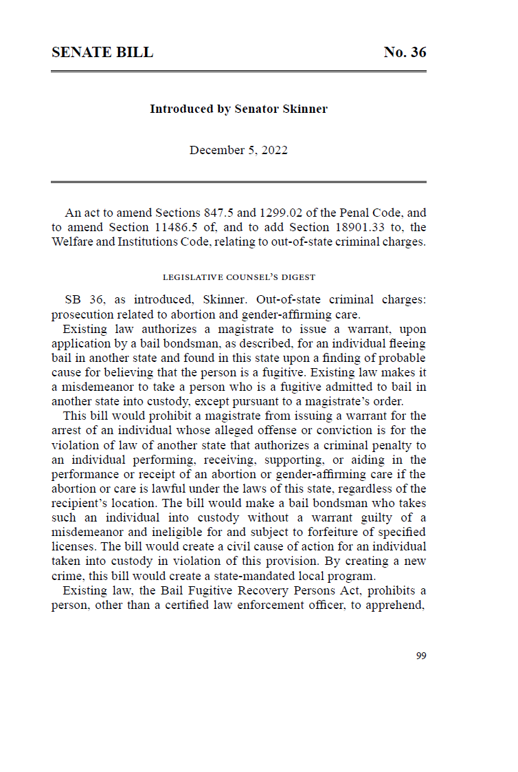 ErinInTheMorn's tweet photo. SB36 in California has been released - it would expand protections for gender affirming care refugees and abortions.

It blocks bondsmen from taking into custody "fleeing felons" from other states fleeing anti-trans and anti-abortion laws!

It gives them SNAP benefit eligibility! https://t.co/bPcQaOsjHu