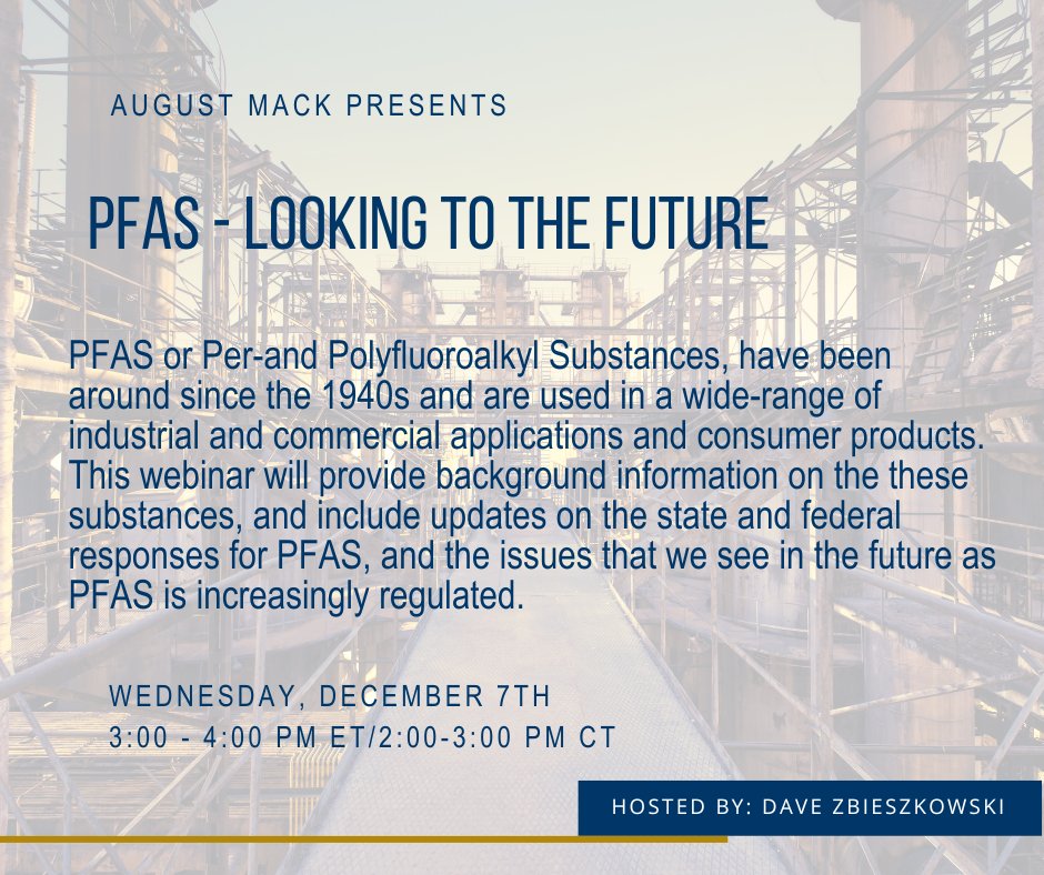 Join us on December 7th as we learn more about PFAS or Per- and Polyfluoroalkyl Substances and updates on the state and federal responses for PFAS.

Register Here ➡️ ow.ly/LAwn50LVE3h

#PFAS #lastchancetoregister #environmental #consulting