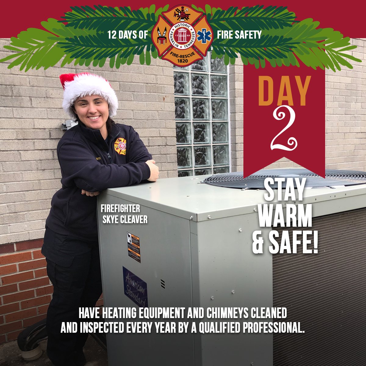 FranklinFire's tweet photo. On the 2nd day of the #12DaysofFireSafety Firefighter Skye Cleaver gave this tip to me: 
Have heating equipment and chimneys cleaned and inspected every year by a qualified professional.
#FranklinFire https://t.co/RIfW6n5MTX