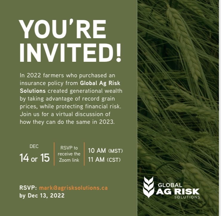 In December, Global Ag Risk Solutions will be hosting webinars to discuss how our policies can benefit producers in the 2023 crop year. These webinars will be tailored towards those in the financial services industry, but anyone can join. Check out the details below to RSVP!
