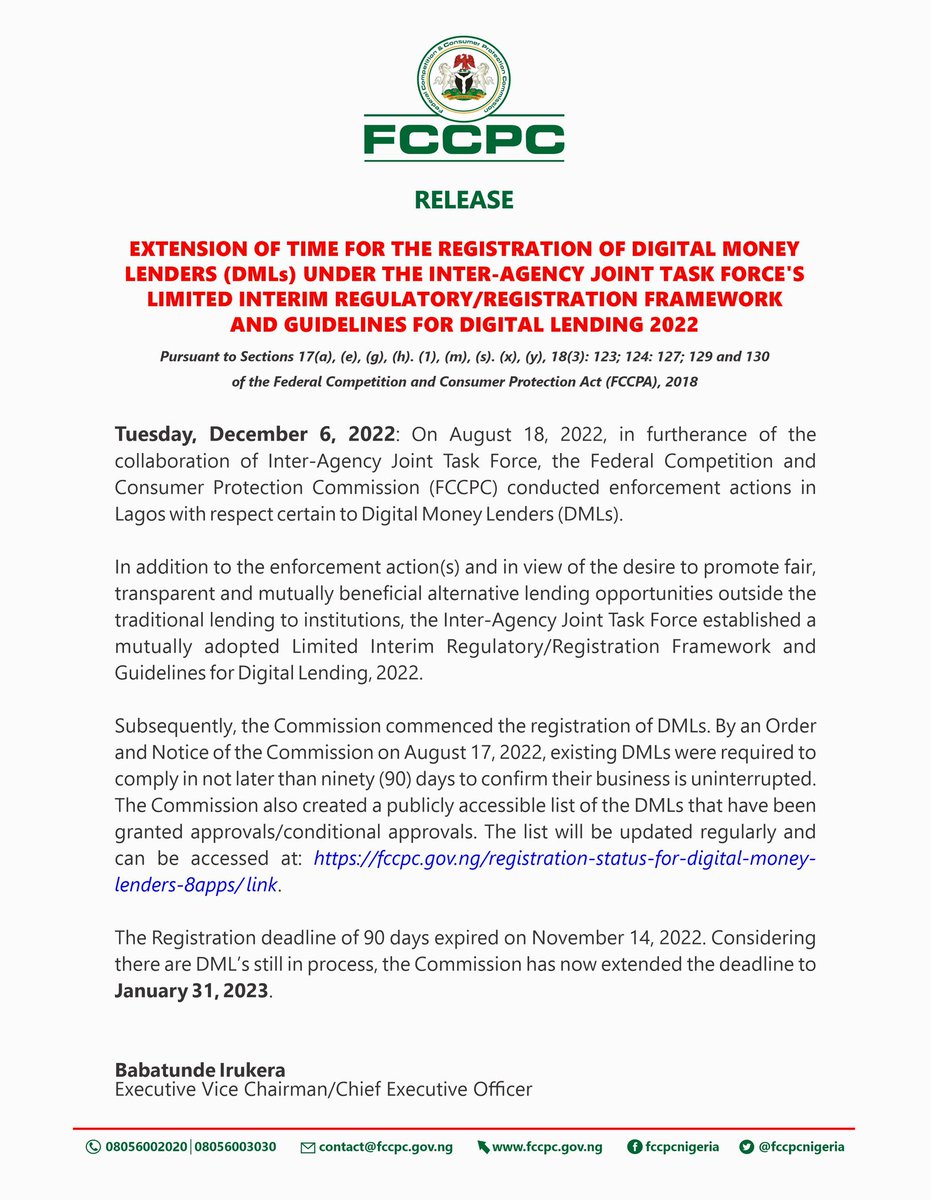fccpcnigeria's tweet photo. Release: Extension of Time for the Registration of Digital Money Lenders (DMLs) under the Inter-Agency Joint Task Force's Limited Interim Regulatory/ Registration Framework and Guidelines for Digital Lending 2022
@cenbank @officialEFCC @NigeriaGov https://t.co/iUNOiaPzUO