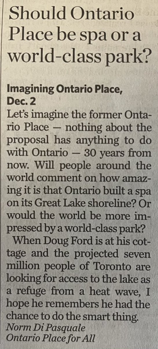 normsworld's tweet photo. My Letter to the Editor in Today’s @TorontoStar. World class public spaces don’t include a private spa, so let’s say NO to a private spa at Ontario Place! #topoli #onpoli https://t.co/XdZSAyMr7b
