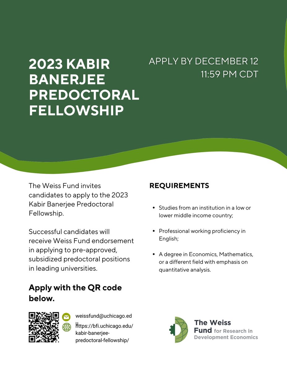 Applications to the Kabir Banerjee Predoctoral Fellowship are closing in less than a week 🚨

Do not miss out on this unique opportunity to work with some of the world's leading development economists. 

Review the eligibility requirements and apply here: bfi.uchicago.edu/weiss-fund-pre…