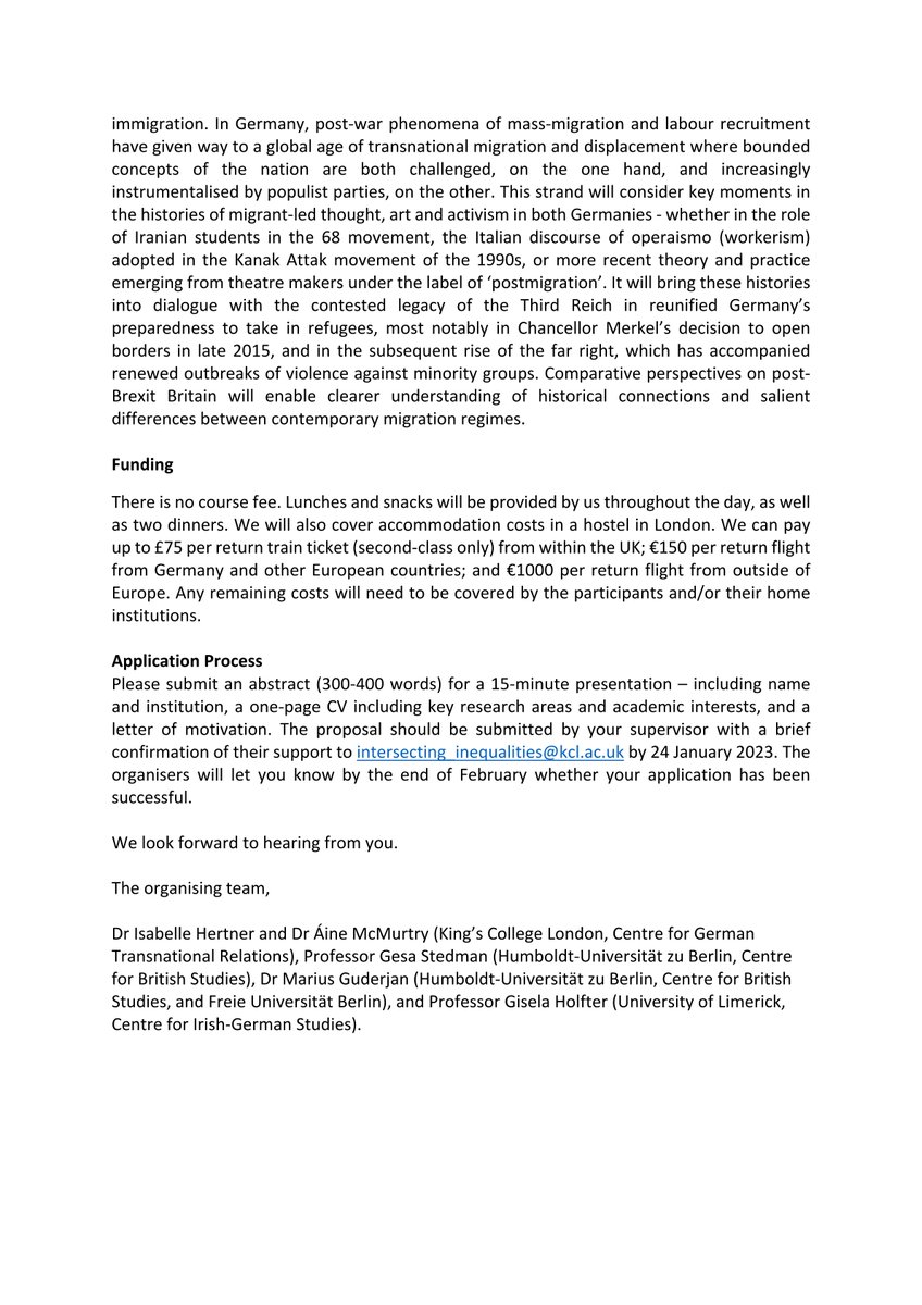 #CfP: <a href="/DAAD_UK_Ireland/">DAAD_UKandIreland</a> Postgraduate Summer School, London, 17-21 July 2023: ‘#Germany in the World: Intersecting #Inequalities in Challenging Times’ <a href="/KingsCollegeLon/">King's College London</a> <a href="/GBZ_HUBerlin/">Centre for British Studies</a> <a href="/ULCIGS/">Centre for Irish-German Studies</a>

Call is open to #PhD researchers &amp; advanced MA students, apply by 24 January 2023