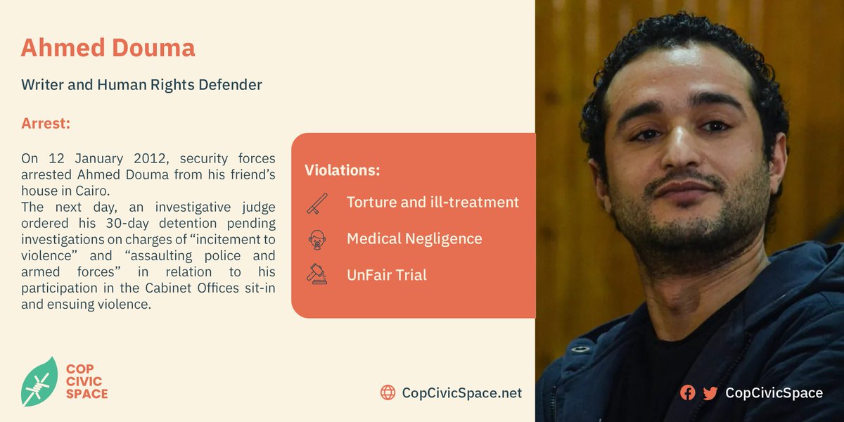 Egyptian activist Ahmed Douma entered his 10th year in arbitrary detention. He suffered from lengthy solitary confinement and medical negligence. 
#Egypt should immediately release Douma and all those arbitrarily detained in  #FreeDouma #FreeThemAll 
copcivicspace.net/ahmed-douma/