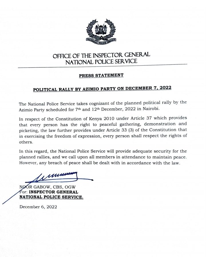NPSOfficial_KE's tweet photo. Press Statement on political rally by Azimio Party on December 7, 2022. https://t.co/csTnxiB4v3