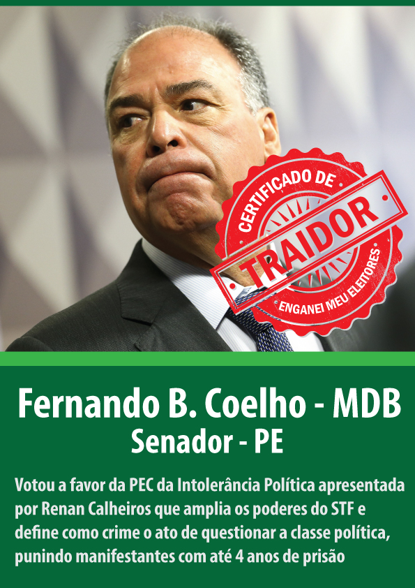 AEmadoPlanalto's tweet photo. O Senador Fernando Bezerra Coelho se aliou ao grupo de 31 traidores que assinaram a PEC da mordaça apresentada por Renan Calheiros
O Senador decidiu punir e calar a todos que ousarem se manifestar contra políticos corruptos e autoritários q só buscam se perpetuar no poder https://t.co/i3SfHbbFOB