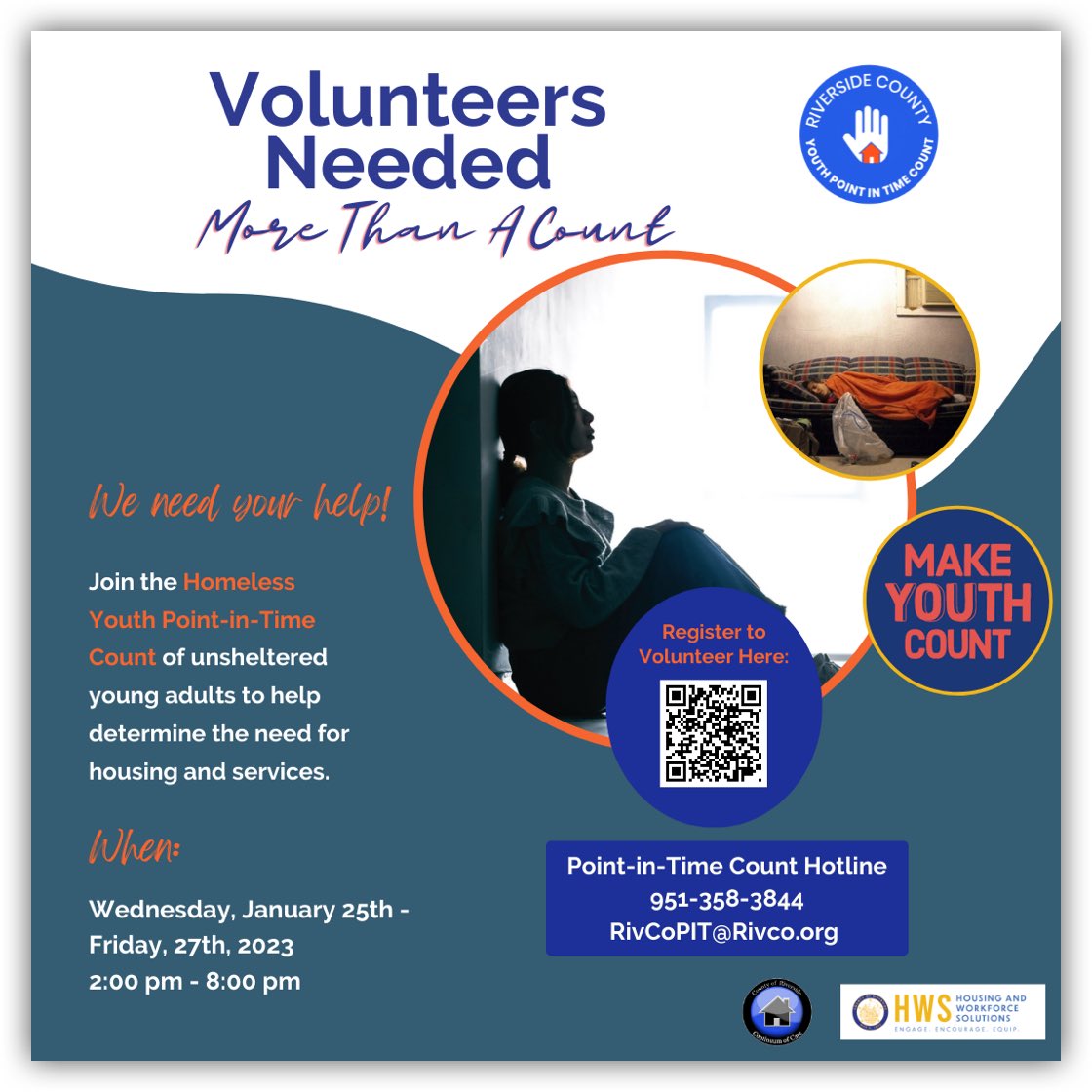 RivCoDPSS's tweet photo. VOLUNTEERS NEEDED: Every year our community comes together to count how many people are experiencing homelessness throughout #RiversideCounty. Use the following links to volunteer for the 2022 #PointinTimeCount count: 

https://t.co/m9pPiY5vBu 
or 
https://t.co/KGbC0WXmHZ. https://t.co/s7zbQv6n7p