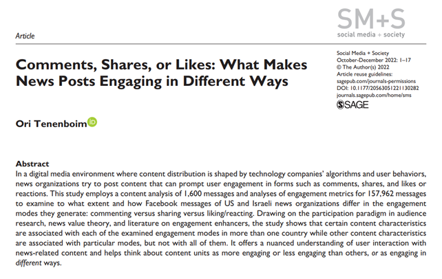 What makes news posts engaging in different ways? My new article offers answers focusing on news publishers’ posts on Facebook journals.sagepub.com/doi/full/10.11… (open access) @SocialMedia_Soc 1/5