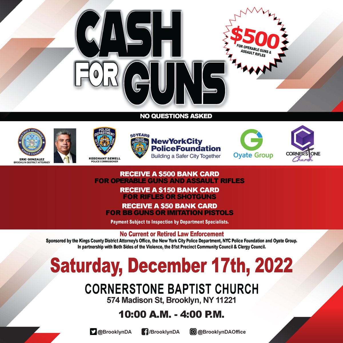 SAVE THE DATE: Join us on Saturday, December 17 from 10 AM-4 PM at Cornerstone Baptist Church for our anonymous gun buyback event with <a href="/NYPDPC/">Jessica S. Tisch</a> <a href="/nycpolicefdtn/">NYCPoliceFoundation</a> <a href="/OyateGroup/">The Oyate Group</a> @cbc_brooklyn. Turn in a gun and earn up to $500. No ID is needed, and no questions will be asked.