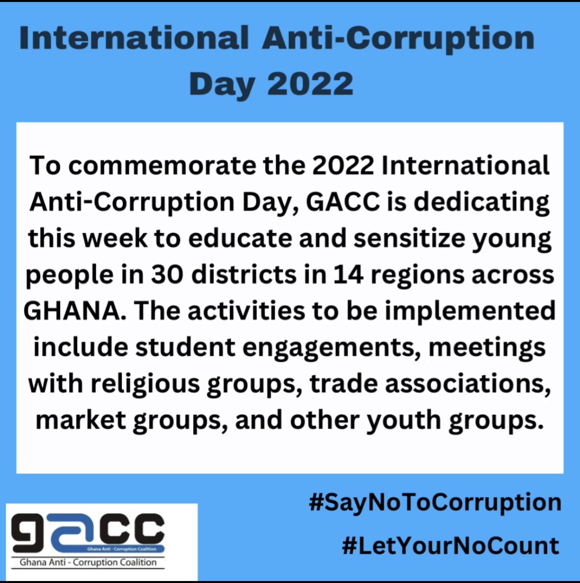 GACC_GHANA's tweet photo. To commemorate #2022 ICAD, @GACC_GHANA is dedicating this week to educate and sensitize young people in 30 districts in 14 regions across #GHANA.@webecitizens @GhanaIntegrity @CDDGha @nccegh @EOCOghana @PPA_ghana @gga_westafrica @UNODC_WCAfrica @ospghana @iaaghana @anticorruption https://t.co/1EDTPNedMR