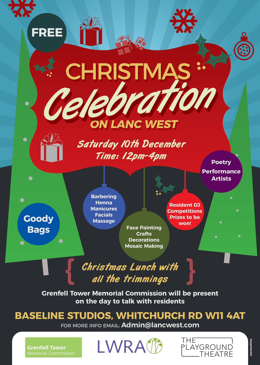 LancWEstate's tweet photo. Christmas Celebrations on Lanc West
Saturday 10th December
12-4pm
Baseline Studios, W11 4AT
Join us for festive cheer, a delicious Xmas Lunch and a whole heap of activities including some much needed TLC!
#lancwest #xmas #christmas #xmasparty #community #funday #northken https://t.co/kifkr77ro3