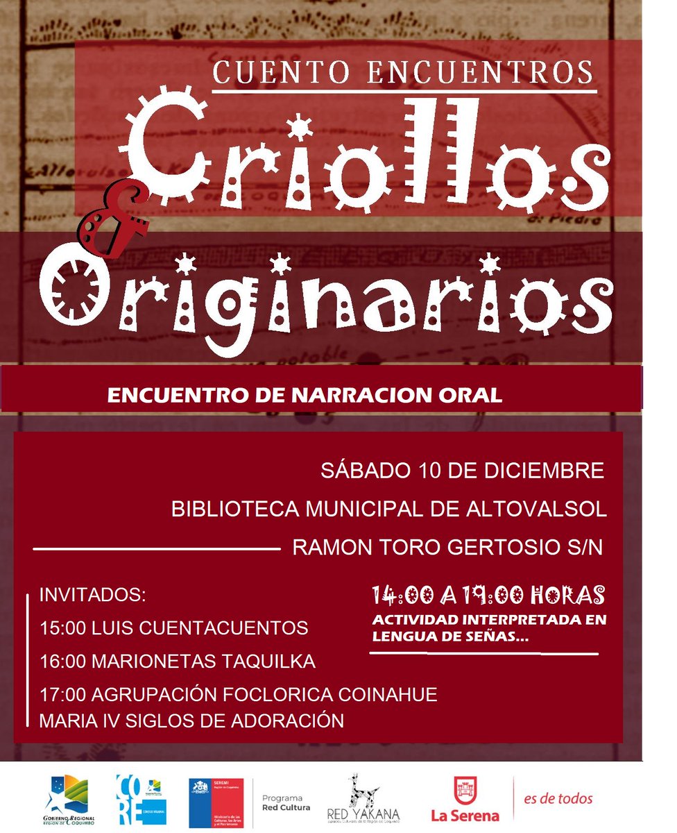 📍 Este sábado 10 de Noviembre 2022, te invitamos al encuentro Cultural  “Cuenta Encuentros, Criollos Originarios” que reunirá música y marionetas en la Biblioteca de Altovalsol.
Te Esperamos  desde las 14:00 Hrs a 19:00 Hrs
#Laserenaescultura