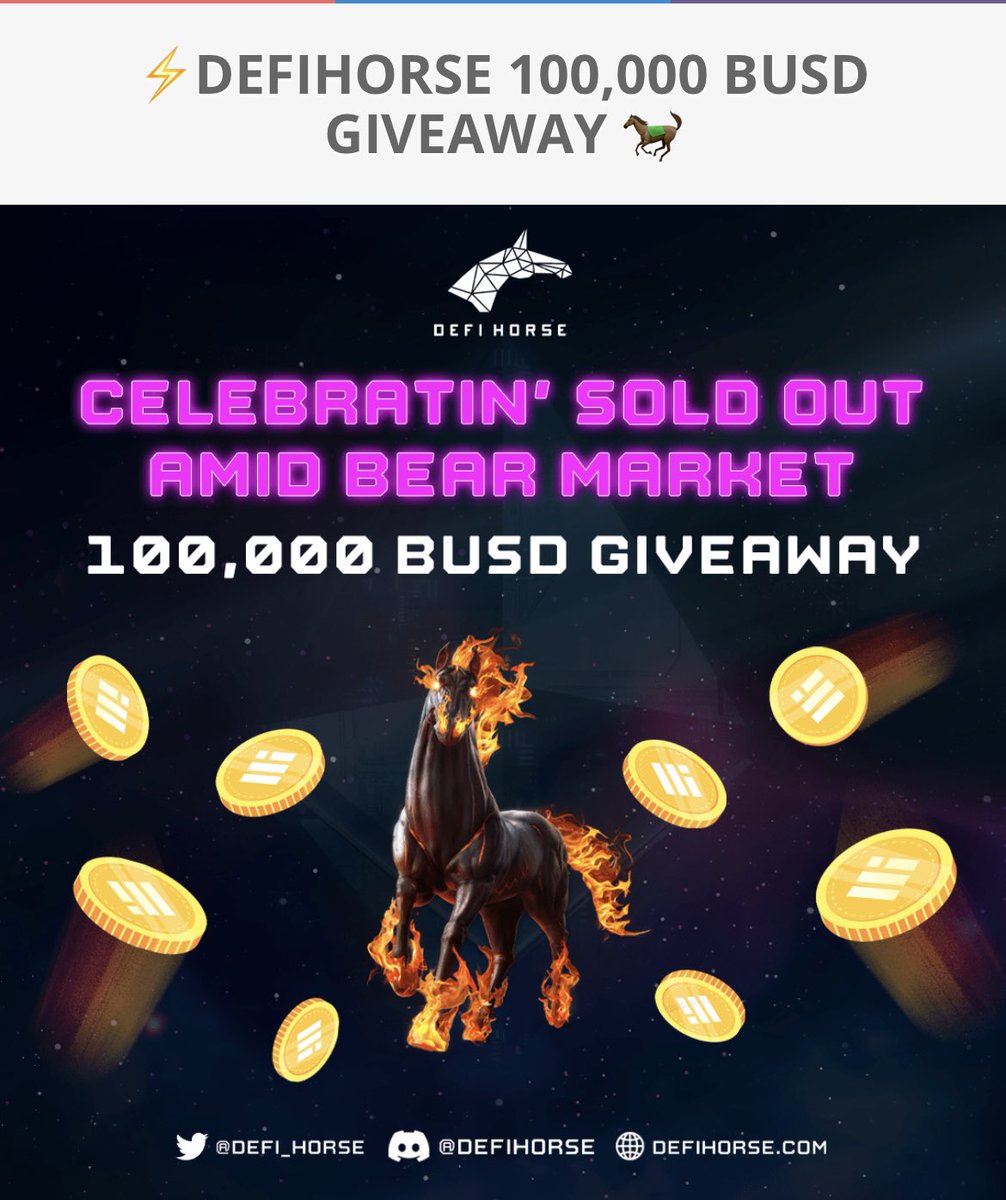 DeFi_Horse's tweet photo. 🚀 𝟲 𝗗𝗔𝗬𝗦 𝗟𝗘𝗙𝗧 𝗧𝗢 𝗪𝗜𝗡 $𝟭𝟬𝟬𝗞 𝗙𝗢𝗥 𝗬𝗢𝗨𝗥𝗦𝗘𝗟𝗙 🔥

Only a few days left of giveaway. If you haven't joined in, you're missing out on a potential win of $𝟭𝟬𝟬𝗞 𝗕𝗨𝗦𝗗 for ONE WINNER.

Your one chance to save your portfolio
👉 https://t.co/78ieFwrwSE https://t.co/zAdmGf1plk