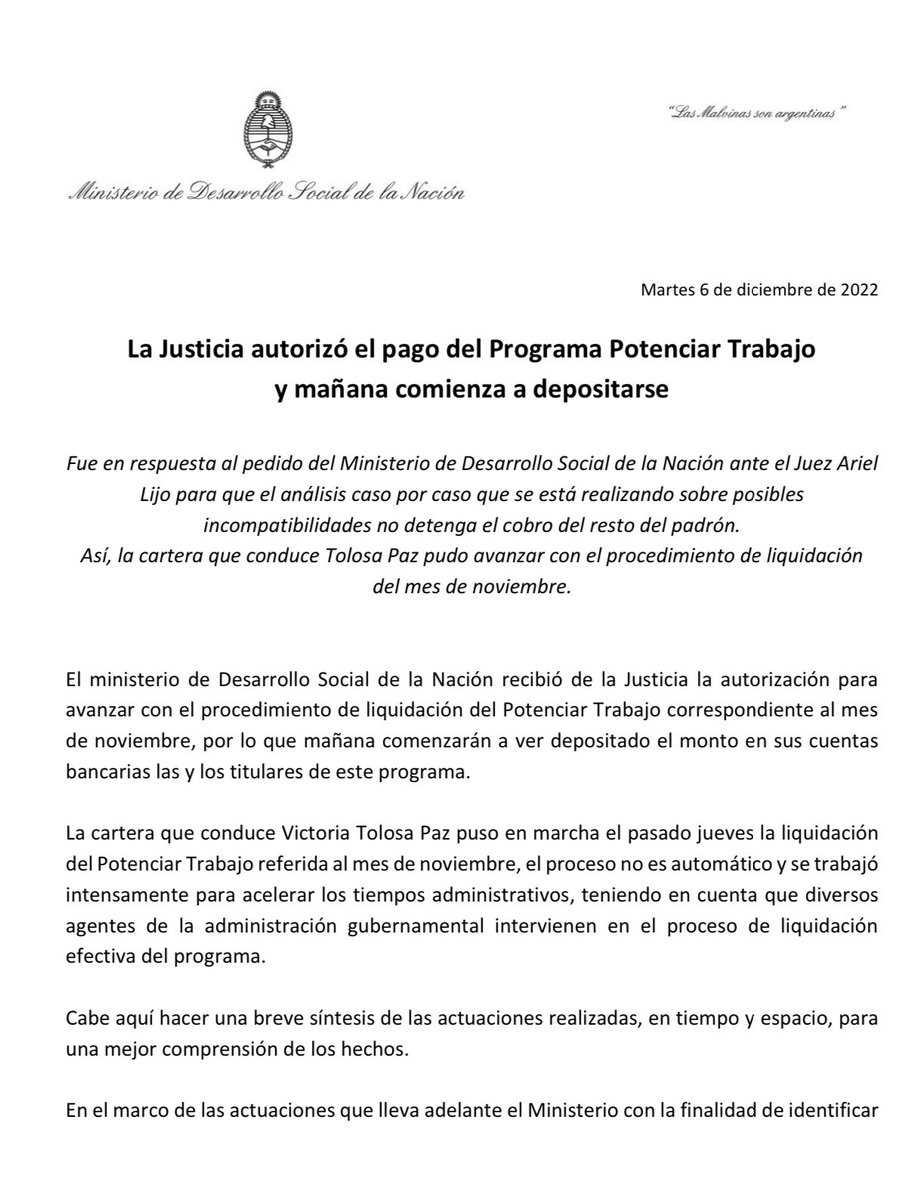 vtolosapaz's tweet photo. La Justicia autorizó el pago del Programa Potenciar Trabajo y mañana comienza a depositarse. Comparto aquí el Comunicado Oficial del Ministerio de Desarrollo Social de la Nación. https://t.co/tVdsgWM7HW