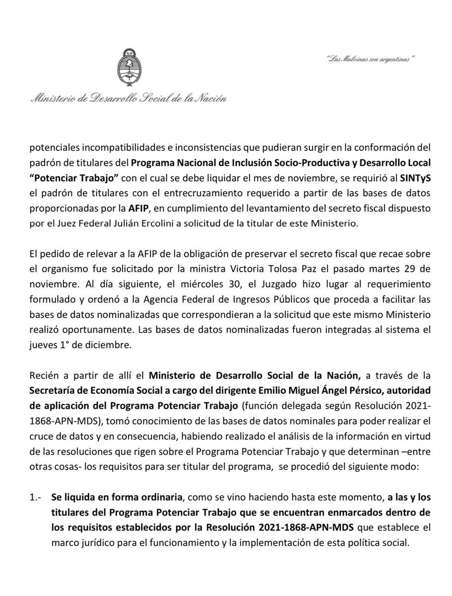 vtolosapaz's tweet photo. La Justicia autorizó el pago del Programa Potenciar Trabajo y mañana comienza a depositarse. Comparto aquí el Comunicado Oficial del Ministerio de Desarrollo Social de la Nación. https://t.co/tVdsgWM7HW