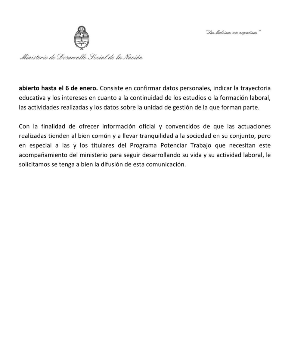 vtolosapaz's tweet photo. La Justicia autorizó el pago del Programa Potenciar Trabajo y mañana comienza a depositarse. Comparto aquí el Comunicado Oficial del Ministerio de Desarrollo Social de la Nación. https://t.co/tVdsgWM7HW