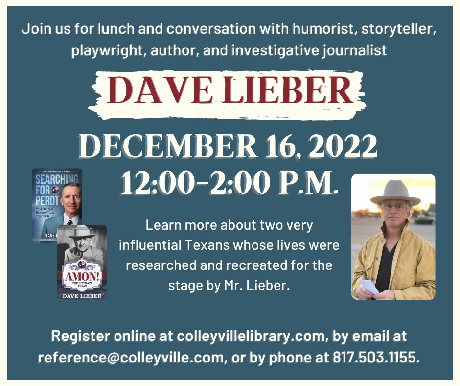 ColleyLibrary's tweet image. Spots remain for the Colleyville Public Library&apos;s upcoming Author Luncheon with Dave Lieber. He will share his two most recent books which have both been performed as plays in the past several months. A light lunch, questions and answers, and book signing are all scheduled.