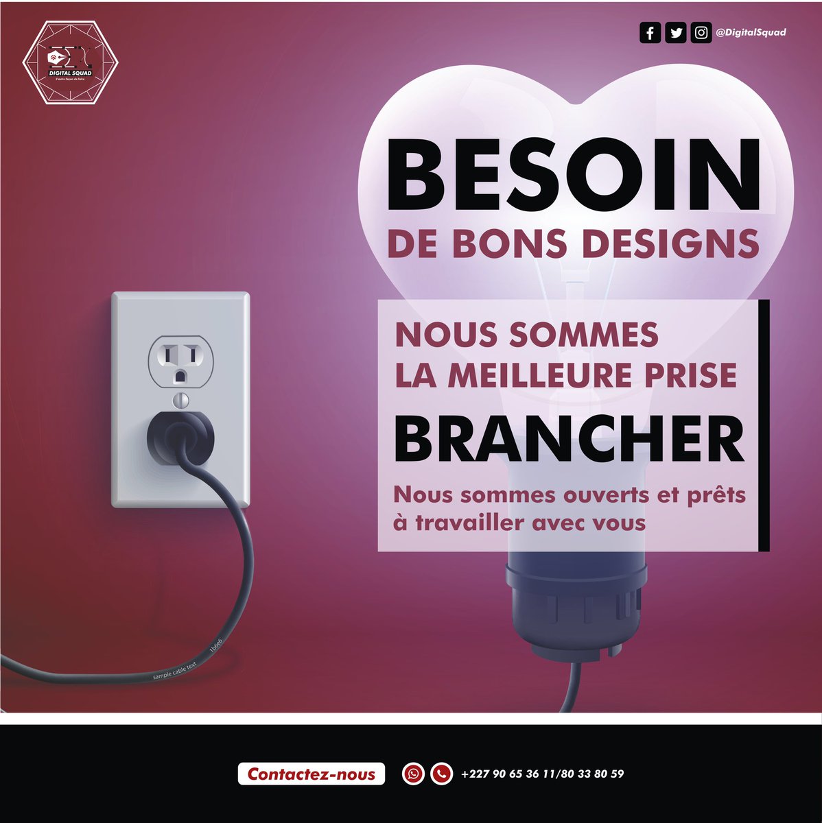 Besoin de bons designs?
____________________
Nous sommes la meilleure prise 💪🏾
BRANCHER 🔌
BRANCHER 🔌
BRANCHER 🔌

Nous sommes ouverts et prêts à travailler avec vous 😎
Digital Squad Branche de format concept🦺