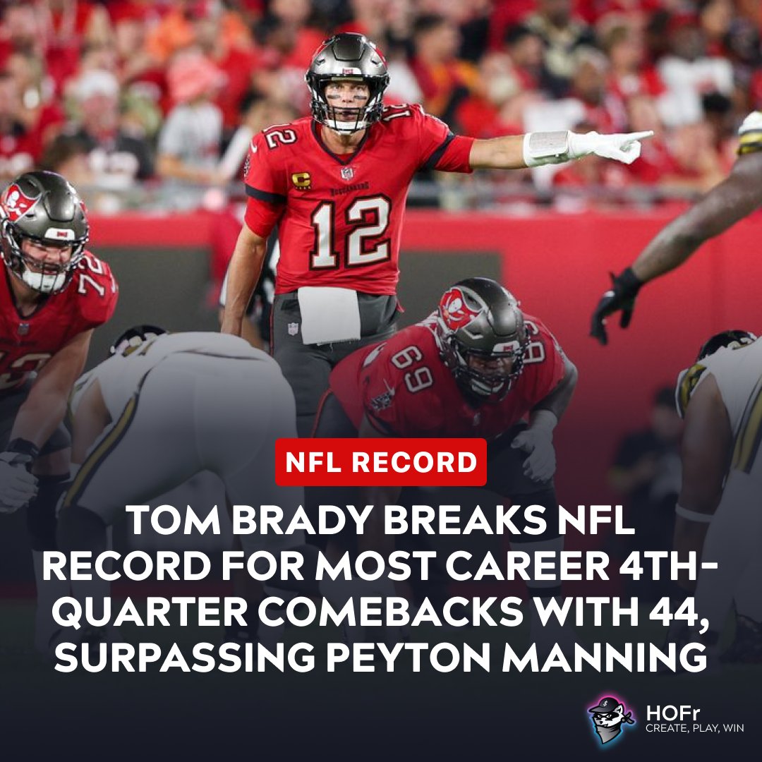 Another comeback + another NFL record for Tom Brady! <a href="/TomBrady/">Tom Brady</a> leads #NFL record 44th career 4th-quarter comeback in #MNF victory to surpass Peyton Manning for most all-time! Will anyone ever catch TB12?