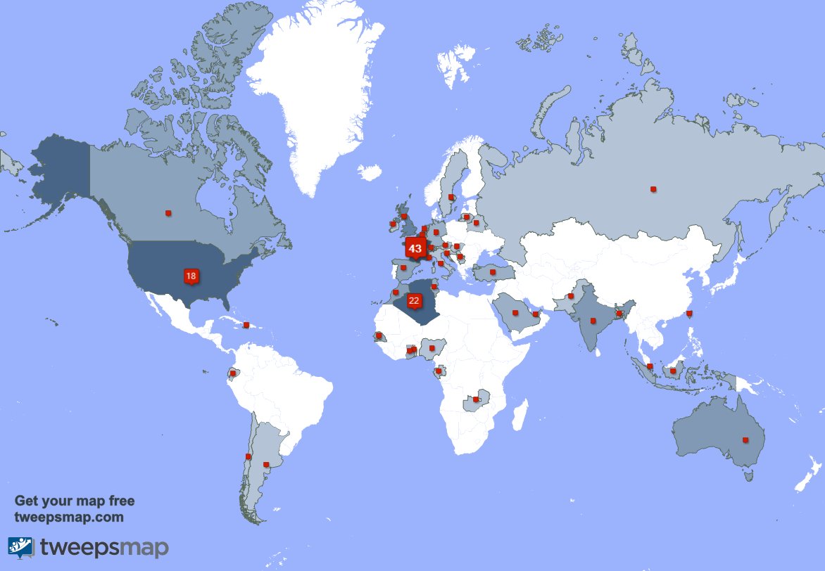 J'ai 1 nouveaux abonnés, de Algérie, et plus la semaine dernière. Voir tweepsmap.com/!BenghenzatOmar