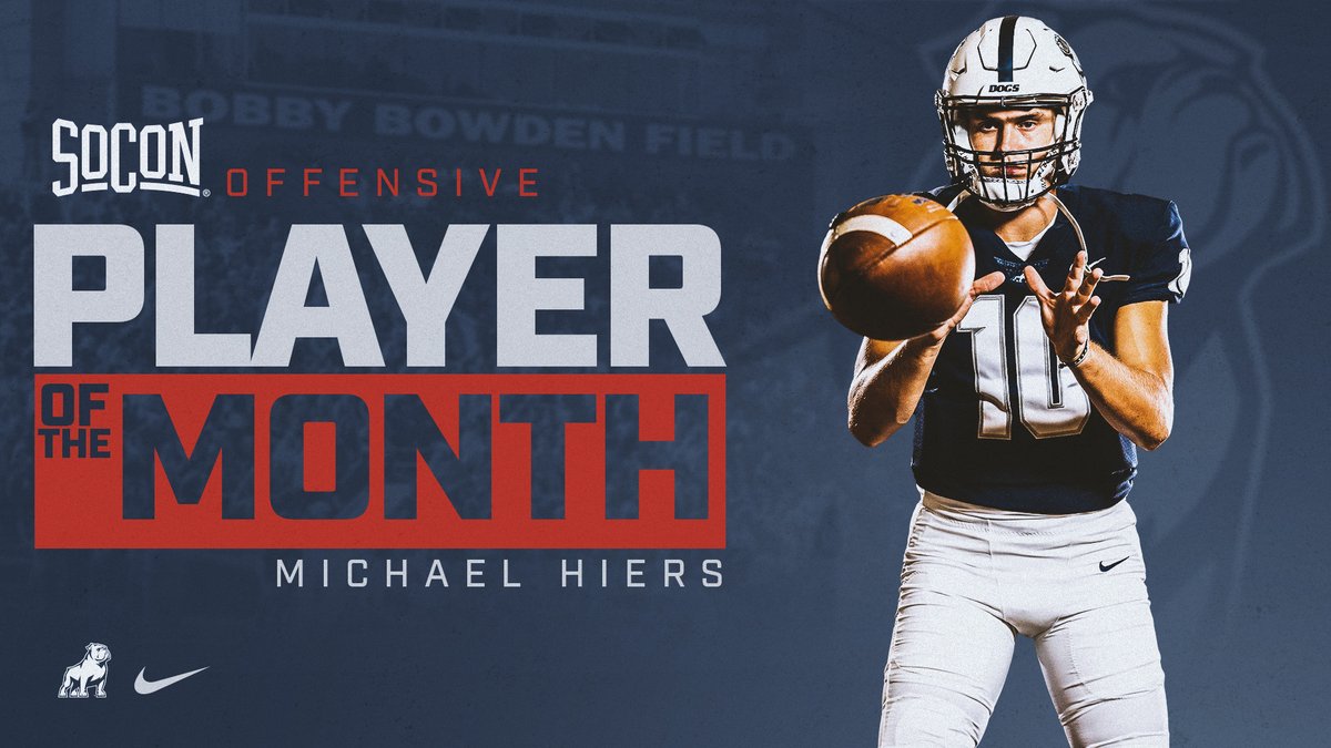 SamfordFootball's tweet image. That's Three 💪

Congrats to @Michaelhiers107 on sweeping the @SoConSports Offensive Player of the Month Awards 🏆

#HatchAttack | #AllForSAMford