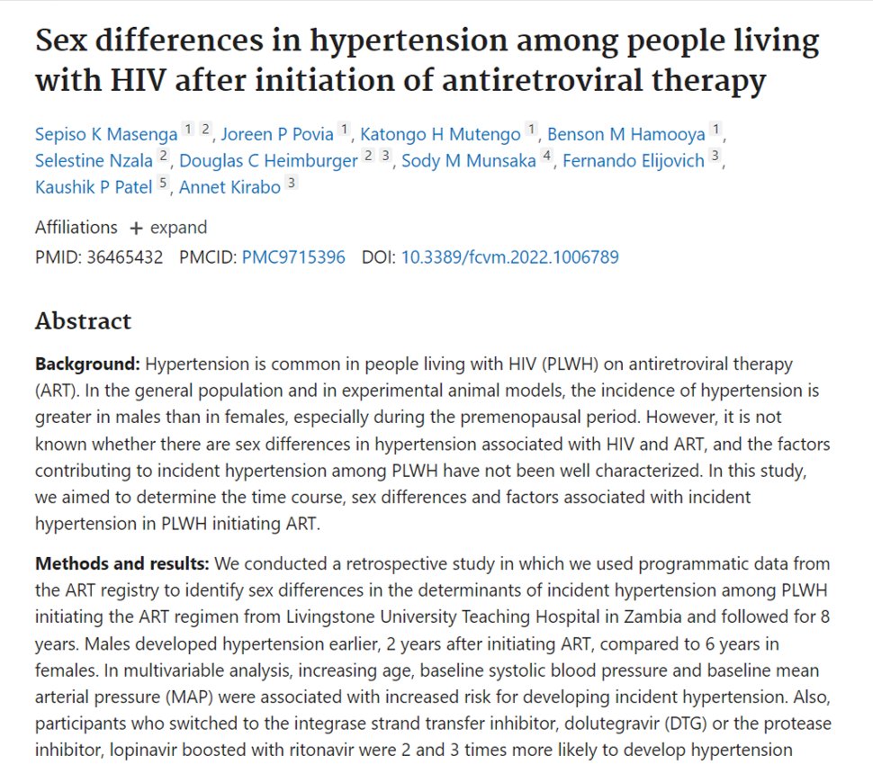 annetkiraboc1's tweet photo. Our paper "Sex differences in hypertension among people living with HIV after initiation of antiretroviral therapy" published in @FrontCVMedicine is now in pubmed 👇 

https://t.co/THWVLXJgik 

@sepiso_masenga @Hopekatongo @vuglobalhealth @MUSOMHS @UnzaOfficial https://t.co/hboPMlthpL