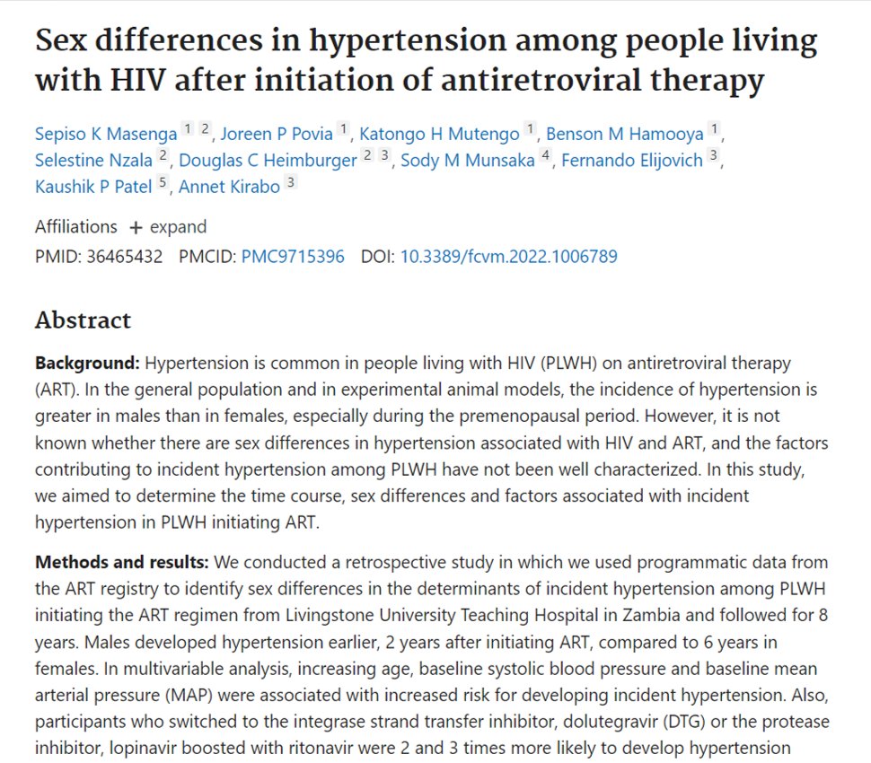 Our paper 'Sex differences in hypertension among people living with HIV after initiation of antiretroviral therapy' published in @FrontCVMedicine is now in pubmed 👇 pubmed.ncbi.nlm.nih.gov/36465432/ @sepiso_masenga @Hopekatongo @vuglobalhealth @MUSOMHS @UnzaOfficial