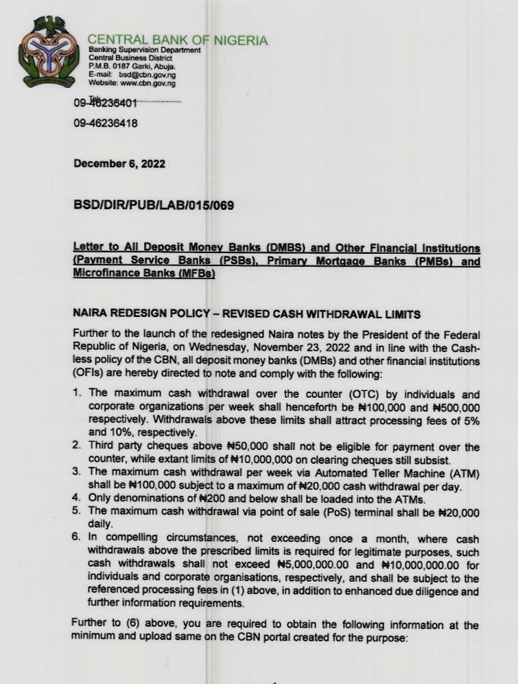 FjTnpXpXgAMc9Ig?format=jpg&name=medium BREAKING: Naira redesign: Cash withdrawal above N100,000, N500,000 attract 5%, 10% charges
