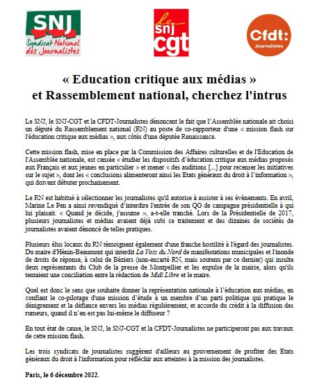 Quel est le sens que souhaite donner la représentation nationale à l’éducation aux médias en confiant le co-pilotage d'une mission d’étude à un membre d’un parti qui pratique régulièrement dénigrement et défiance envers les médias ? 
RN et EMI, cherchez l'erreur 🤔 
COMMUNIQUÉ ⬇️